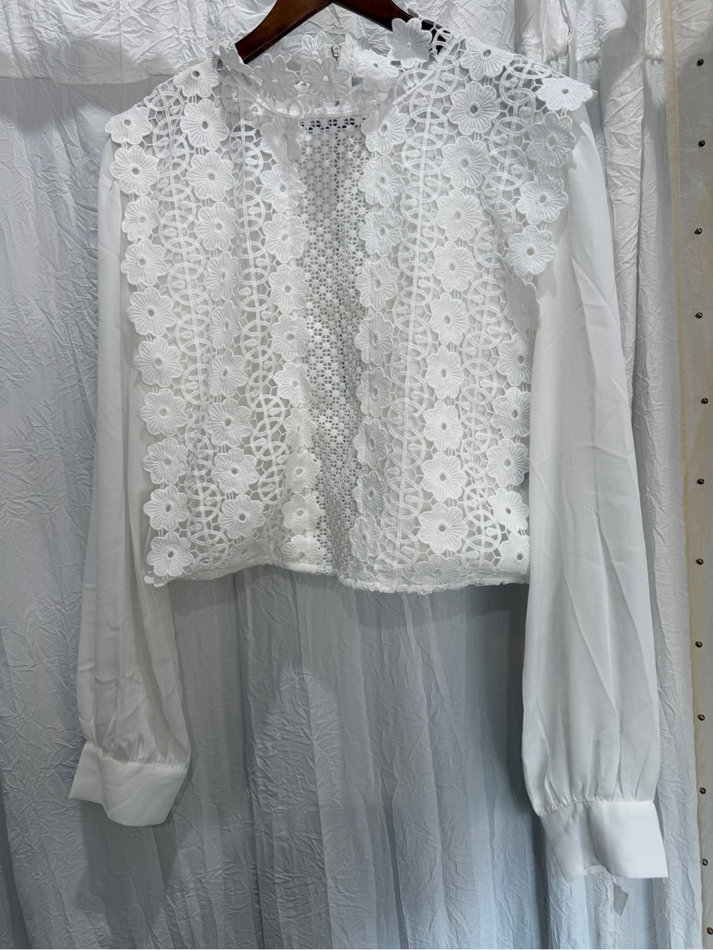 White Floral Lace Cropped Blouse - Women Tops